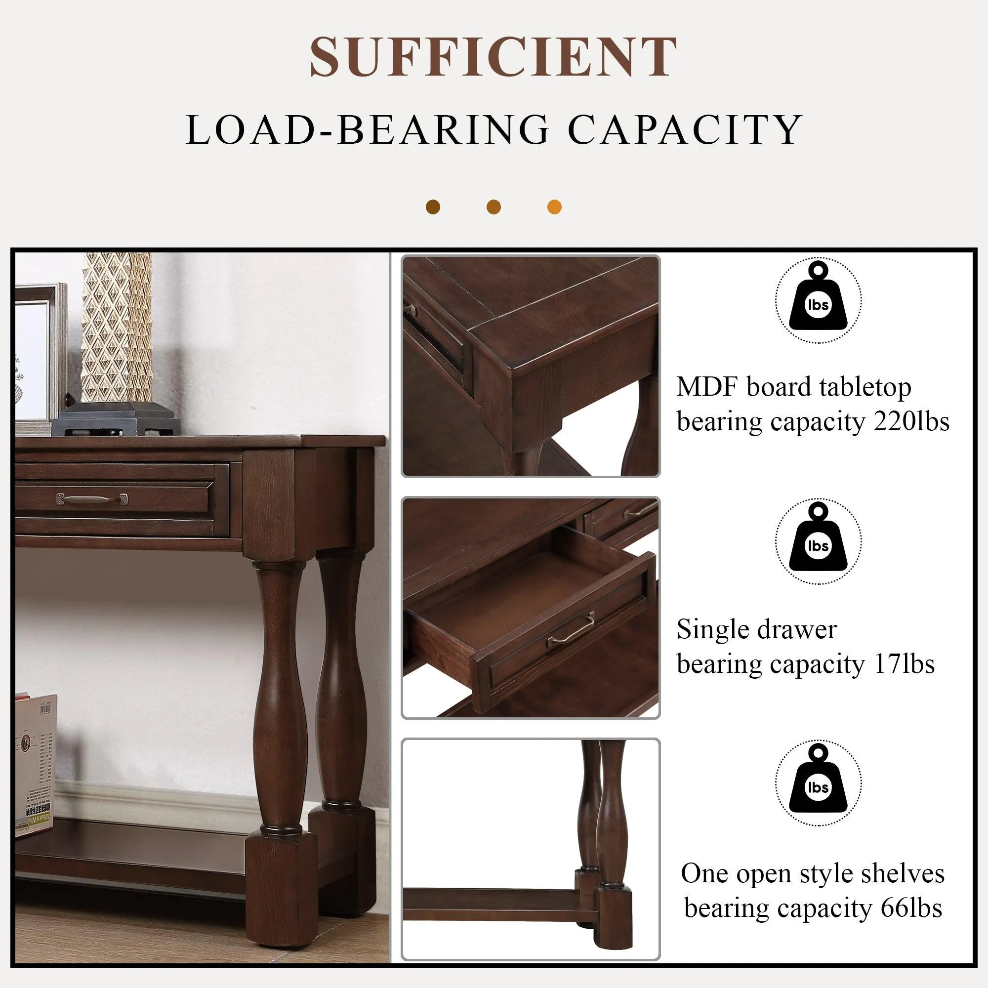 63" Wood Console Table with 3 Drawers and Bottom Shelf, Light Espresso