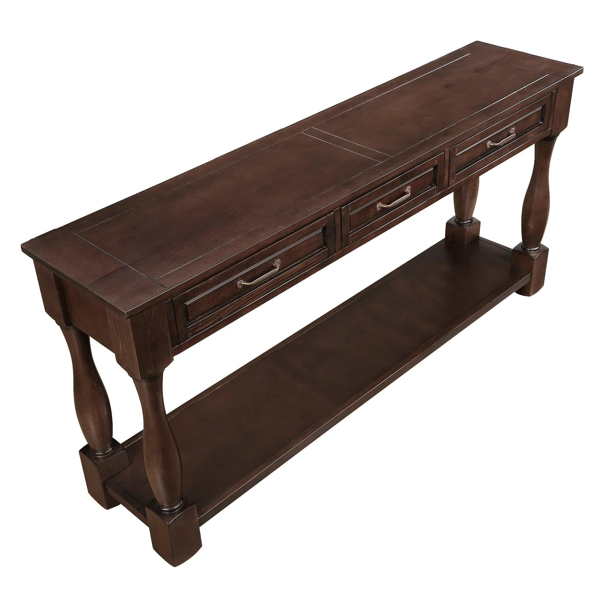 63" Wood Console Table with 3 Drawers and Bottom Shelf, Light Espresso