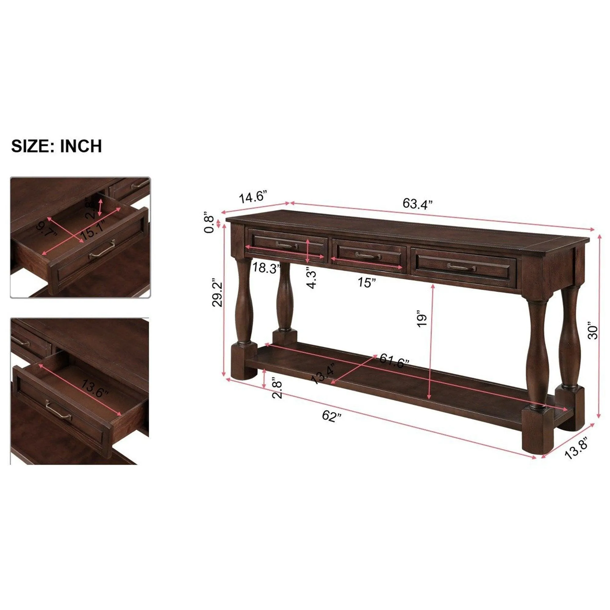 63" Wood Console Table with 3 Drawers and Bottom Shelf, Light Espresso