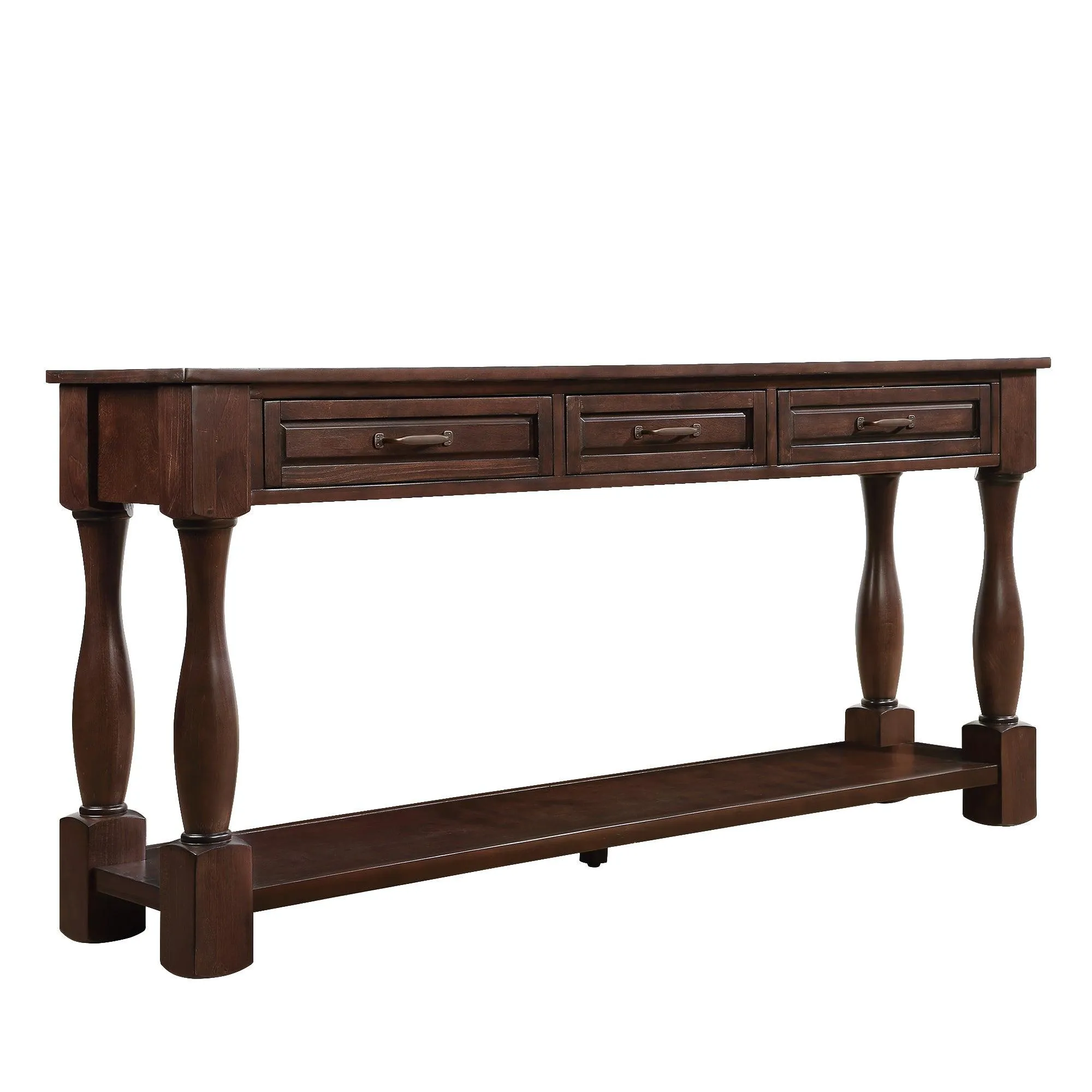 63" Wood Console Table with 3 Drawers and Bottom Shelf, Light Espresso