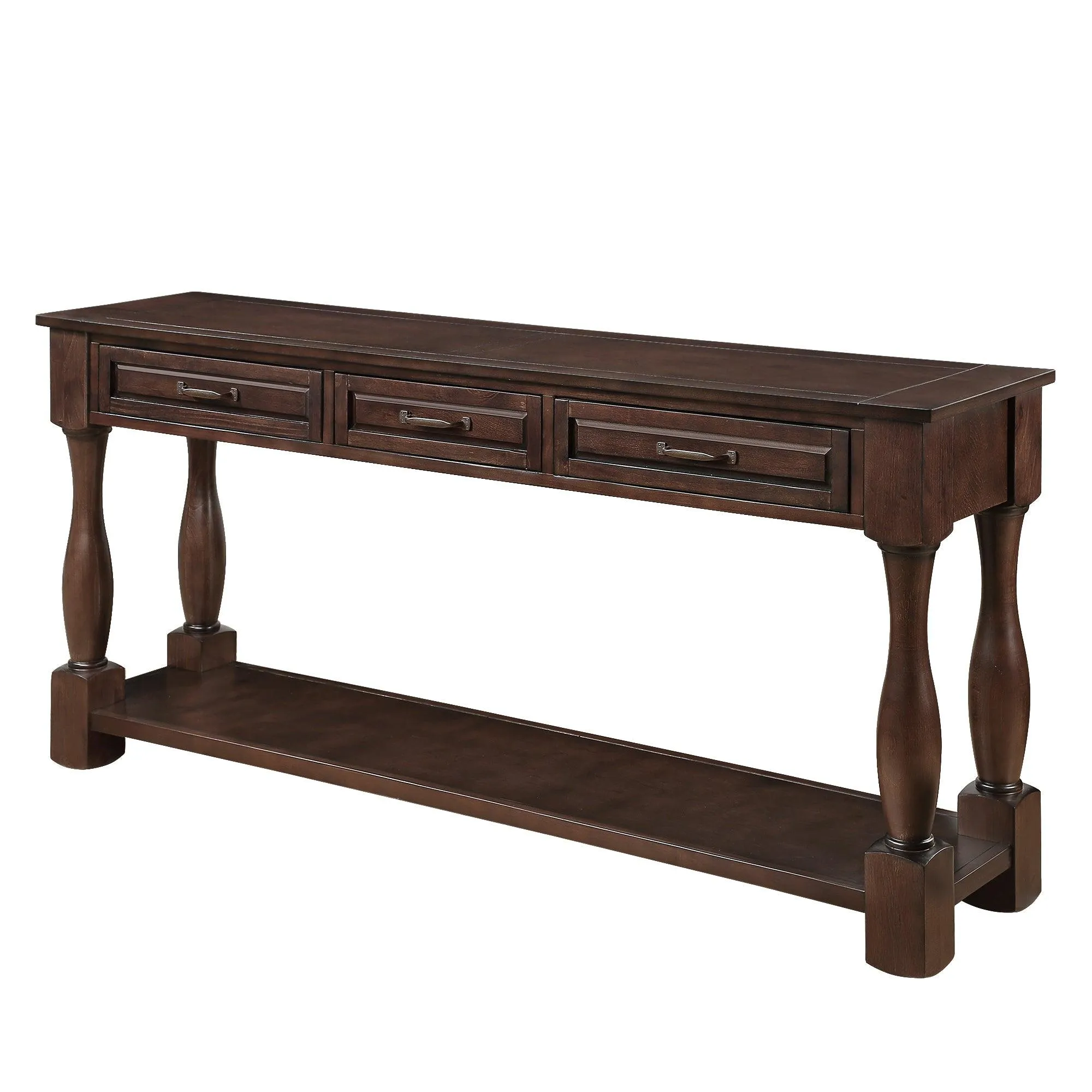 63" Wood Console Table with 3 Drawers and Bottom Shelf, Light Espresso