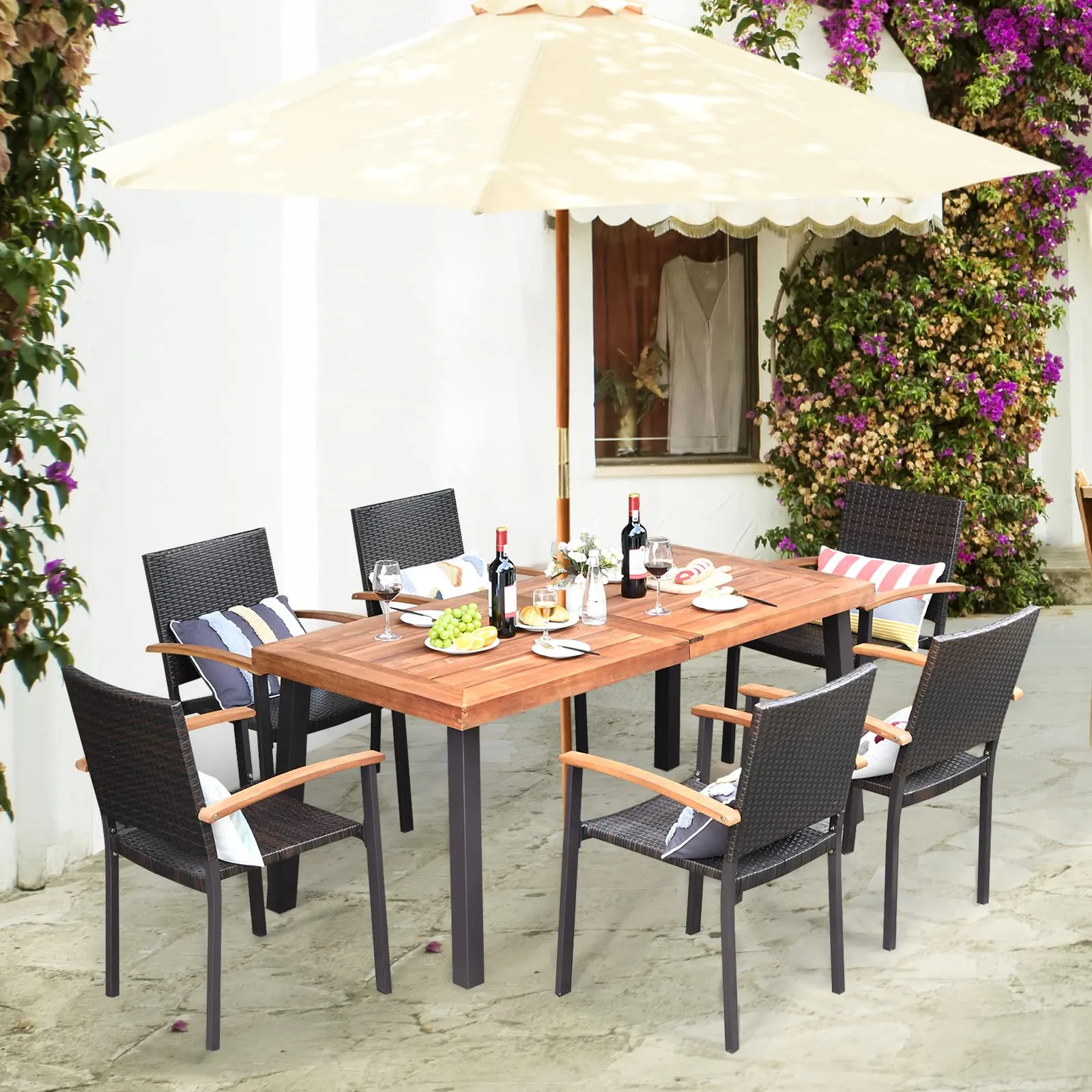 7-Piece Wicker Patio Dining Set, Patiojoy Outdoor Rattan Garden Yard Furniture Set