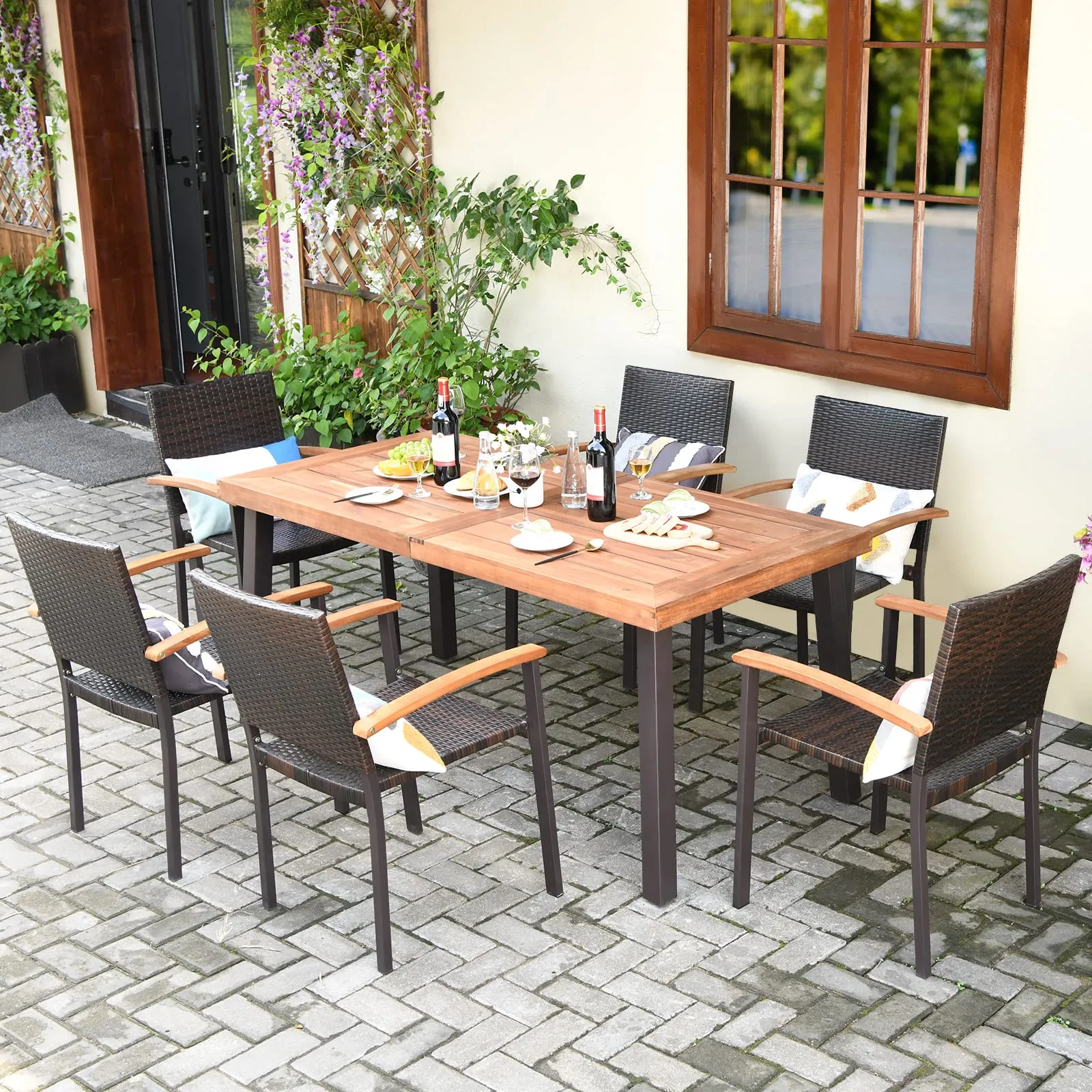 7-Piece Wicker Patio Dining Set, Patiojoy Outdoor Rattan Garden Yard Furniture Set