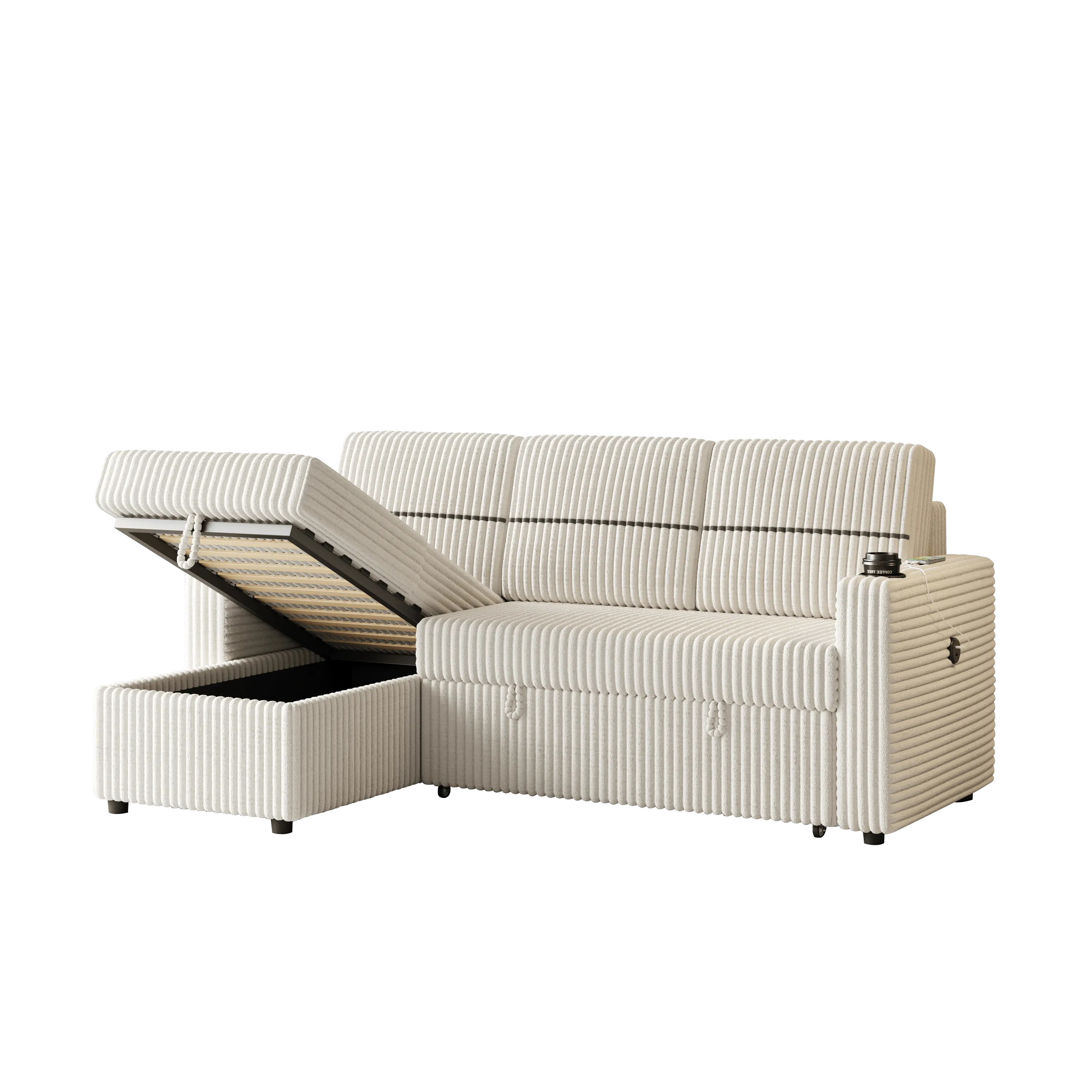 85" Corduroy Sofa Bed, 3-Seater Sleeper Sofa with Storage Chaise, Cupholders & USB Port