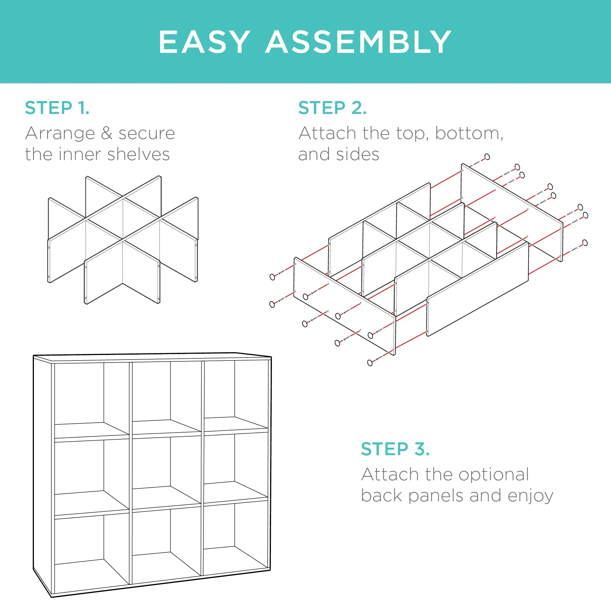 9-Cube Bookshelf Storage Display w/ 3 Removable Panels, Customizable Design