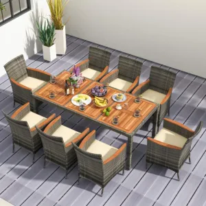 9 Pieces Rattan Patio Dining Set with Acacia Wood Table and Cushioned Chair