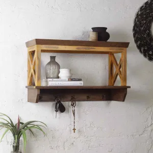 Alonza Solid Wood Distress Yellow Wall Shelf with hooks