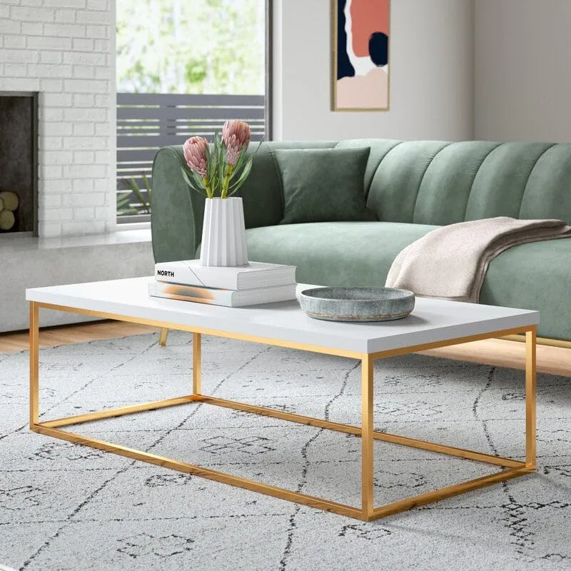 ANISHWAR Adams Metal and Wood Centre Coffee Table for Office Living Room & Bedroom Furniture Décor | Iron Frame with Engineered Wood Top | White and Golden (Self Assembly)