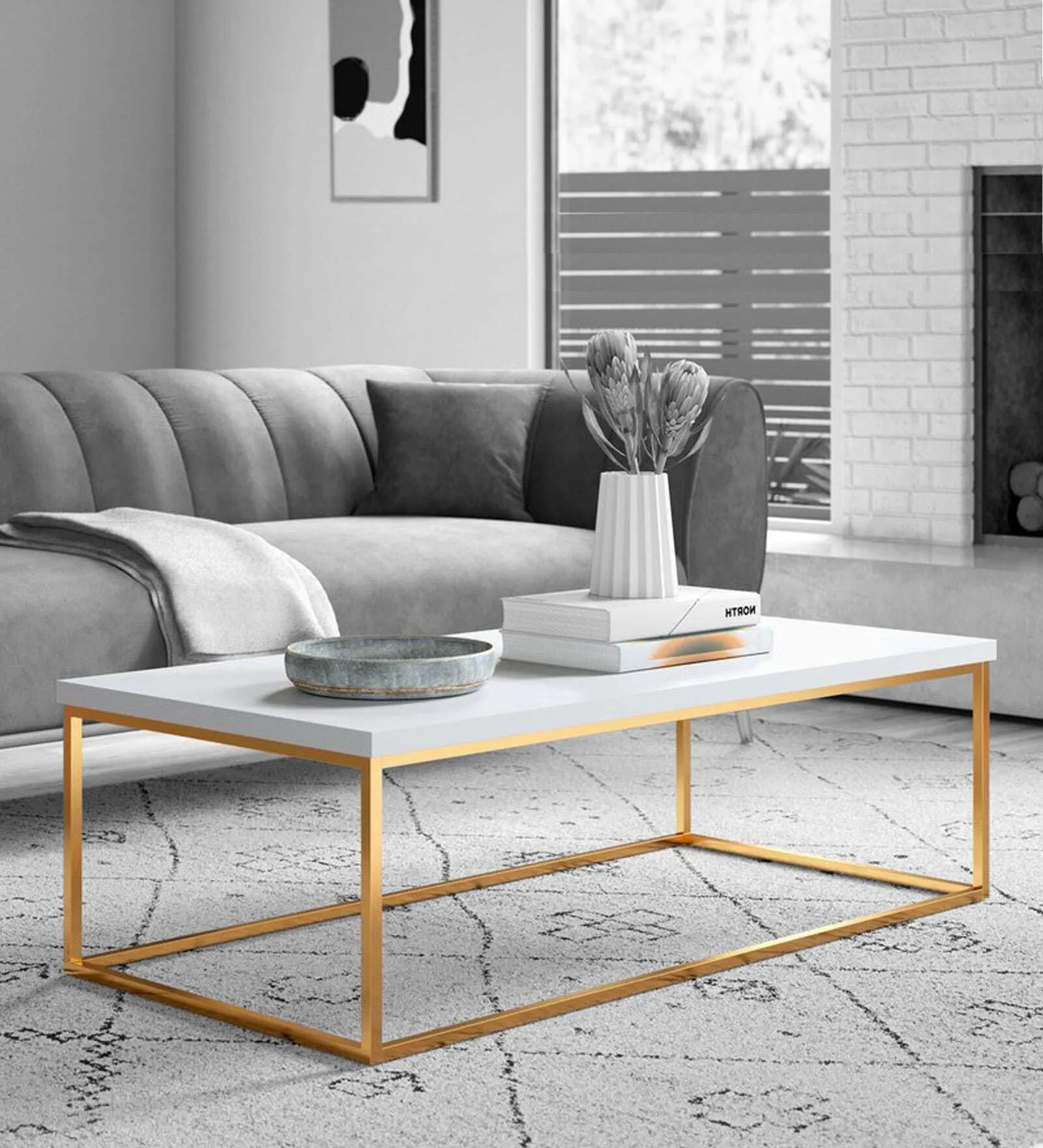 ANISHWAR Adams Metal and Wood Centre Coffee Table for Office Living Room & Bedroom Furniture Décor | Iron Frame with Engineered Wood Top | White and Golden (Self Assembly)