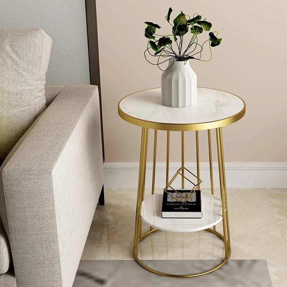 Arrow Crafts Side Table Living Room Round Telephone Table Coffee Table Corner Table Bedroom Bedside Table, MDF Table Top and Gold Metal Frame，15"x23.6" (Color : White)