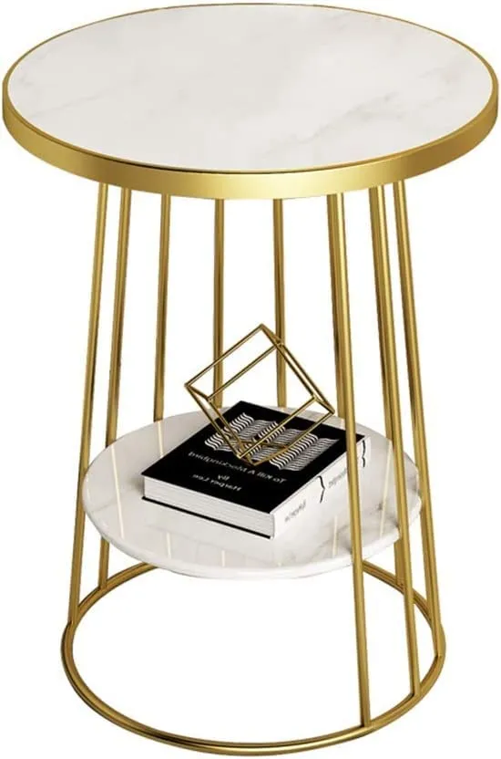 Arrow Crafts Side Table Living Room Round Telephone Table Coffee Table Corner Table Bedroom Bedside Table, MDF Table Top and Gold Metal Frame，15"x23.6" (Color : White)