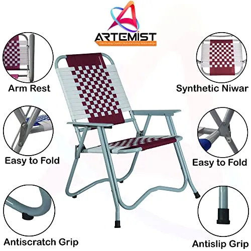 ARTEMIST Foldable Stripe Chair with Arm Rest Portable Chair with Durable Folding Frame, Ideal for Garden, Patio, Lawn, Balcony (Maroon,Chromium Steel)