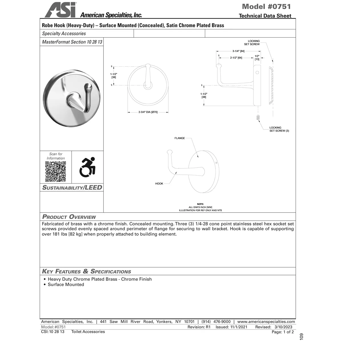 ASI 0751 Commercial Heavy Duty Robe Hook, Brass w/ Chrome Finish