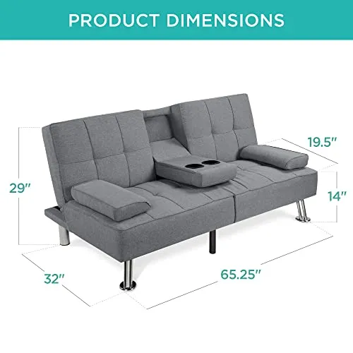 Best Choice Products Linen Upholstered Modern Convertible Folding Futon Sofa Bed for Compact Living Space, Apartment, Dorm, Bonus Room w/Removable Armrests, Metal Legs, 2 Cupholders - Gray