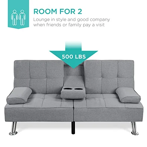 Best Choice Products Linen Upholstered Modern Convertible Folding Futon Sofa Bed for Compact Living Space, Apartment, Dorm, Bonus Room w/Removable Armrests, Metal Legs, 2 Cupholders - Gray