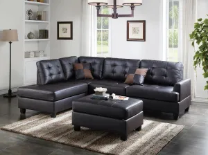 Contemporary 3-Piece Sectional Sofa, Espresso Faux Leather, Reversible L/R Chaise & Ottoman