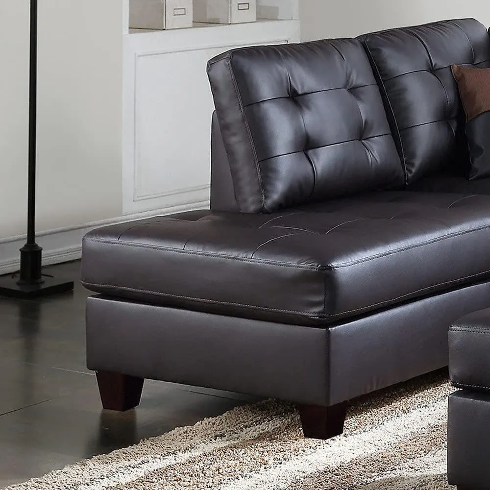 Contemporary 3-Piece Sectional Sofa, Espresso Faux Leather, Reversible L/R Chaise & Ottoman