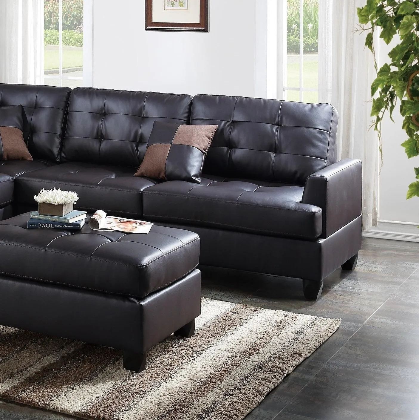 Contemporary 3-Piece Sectional Sofa, Espresso Faux Leather, Reversible L/R Chaise & Ottoman