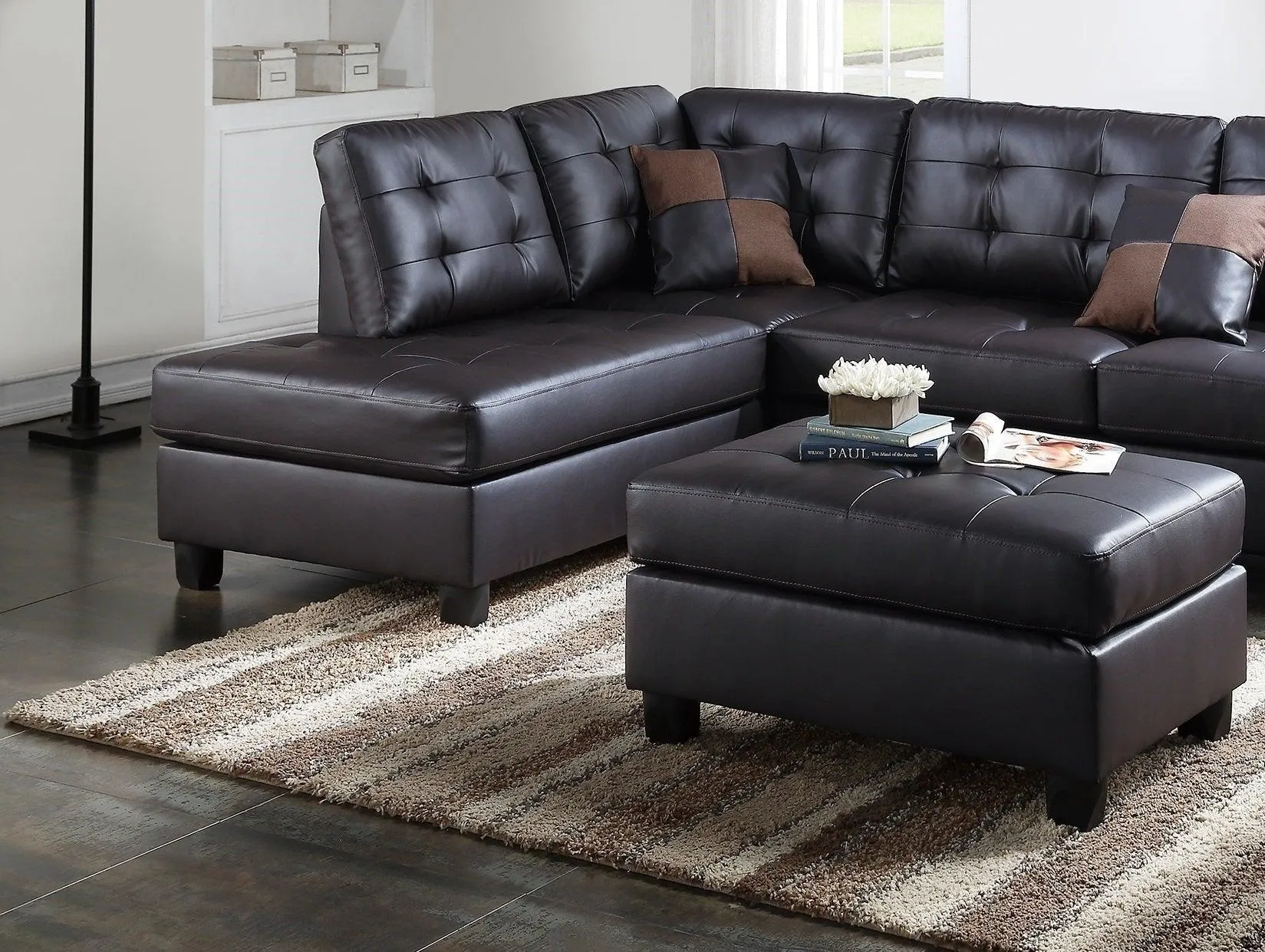 Contemporary 3-Piece Sectional Sofa, Espresso Faux Leather, Reversible L/R Chaise & Ottoman