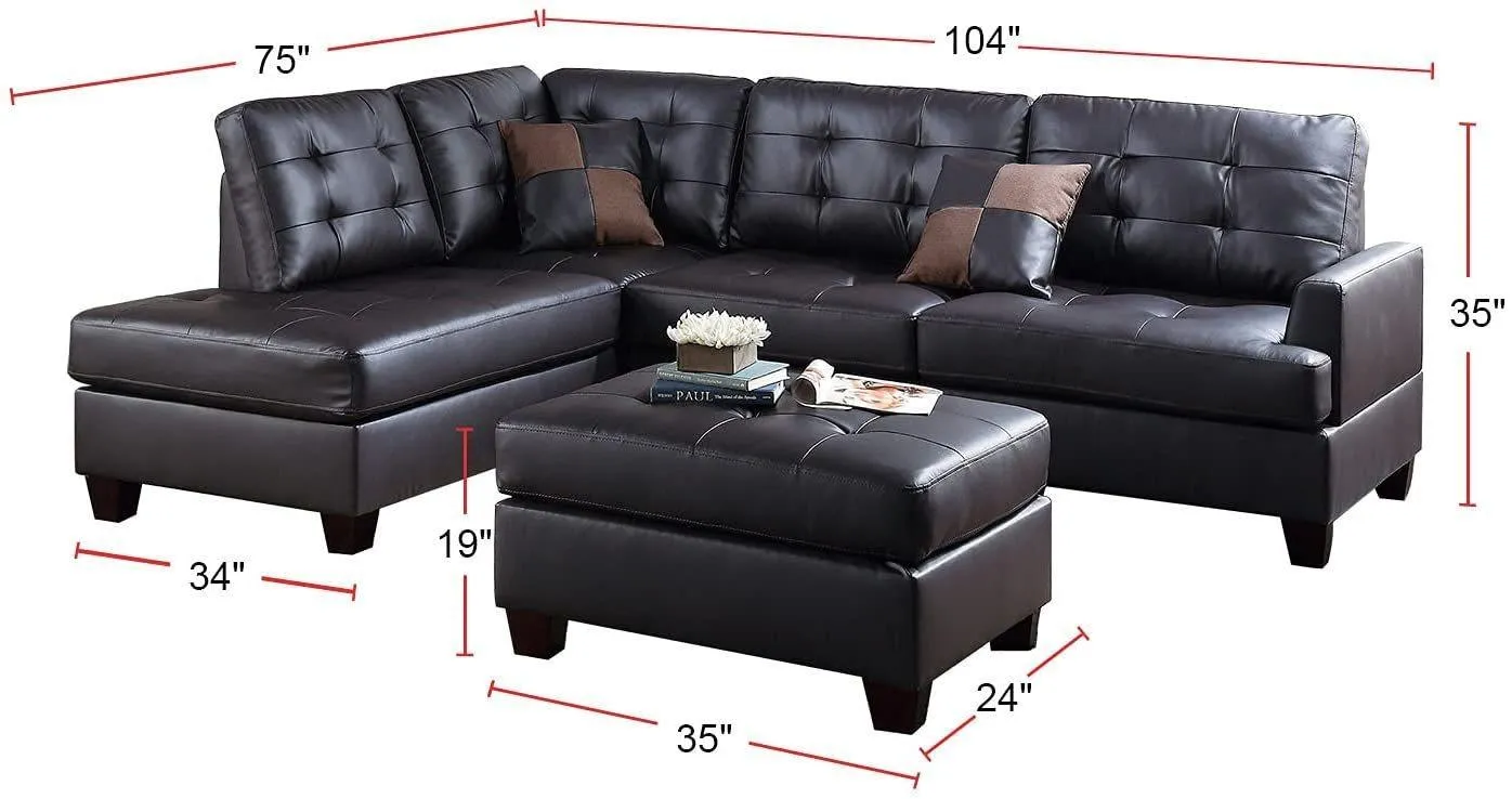 Contemporary 3-Piece Sectional Sofa, Espresso Faux Leather, Reversible L/R Chaise & Ottoman