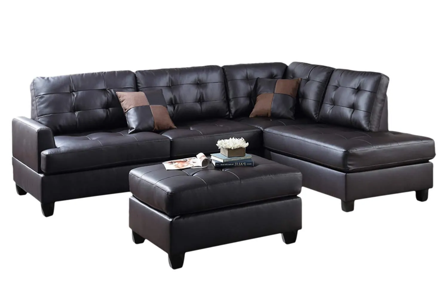 Contemporary 3-Piece Sectional Sofa, Espresso Faux Leather, Reversible L/R Chaise & Ottoman