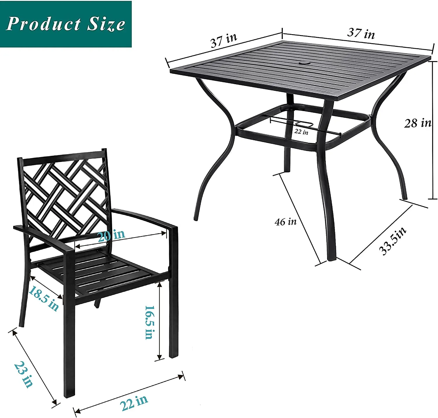 Copy of Bigroof 5 Piece Metal Outdoor Patio Dining Sets for 4, Stackable Chairs and Steel 37" Square Table with Umbrella Hole