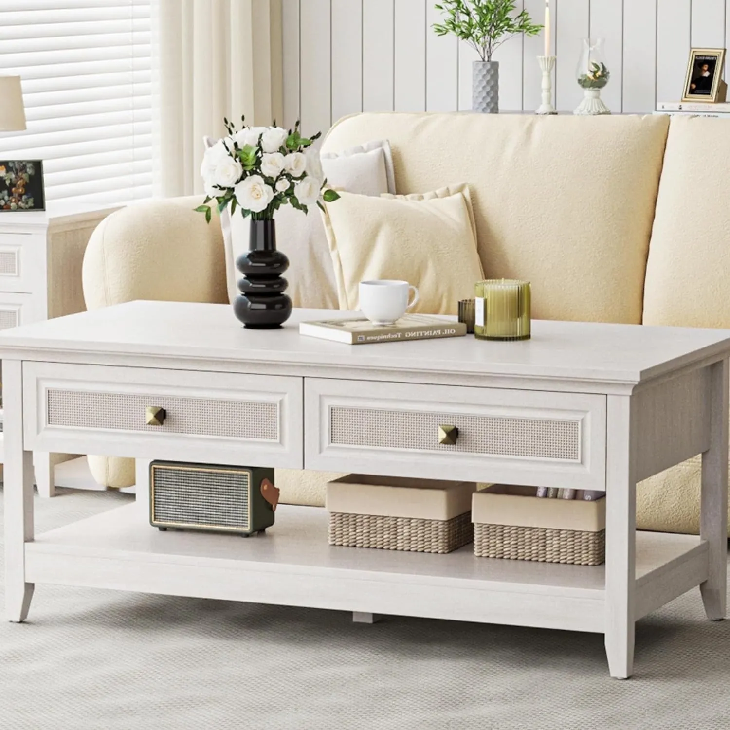 CozyHome 44" Rattan Farmhouse Coffee Table with 2 Drawers, Boho 2 Tier Tea Table, Accent Center Sofa Table with Storage Shelf, Grayish White