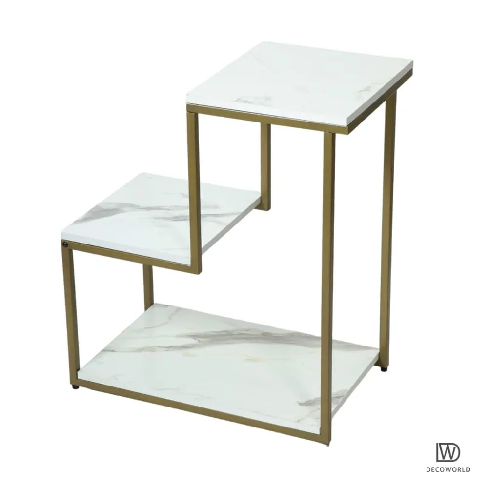 DECOWORLD|| Premium Metal 3 Tier Side Table || Metal Utility Table with Modern Marble Laminate Top || Side Table for Living Room, Sofa Side Table or Bed Side Stand (Gold Stand with White Top)