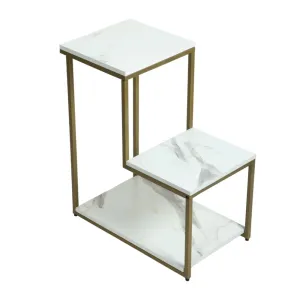 DECOWORLD|| Premium Metal 3 Tier Side Table || Metal Utility Table with Modern Marble Laminate Top || Side Table for Living Room, Sofa Side Table or Bed Side Stand (Gold Stand with White Top)