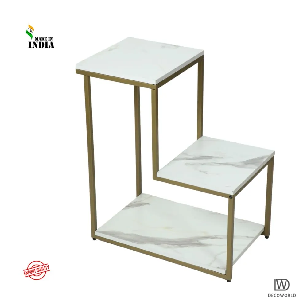 DECOWORLD|| Premium Metal 3 Tier Side Table || Metal Utility Table with Modern Marble Laminate Top || Side Table for Living Room, Sofa Side Table or Bed Side Stand (Gold Stand with White Top)