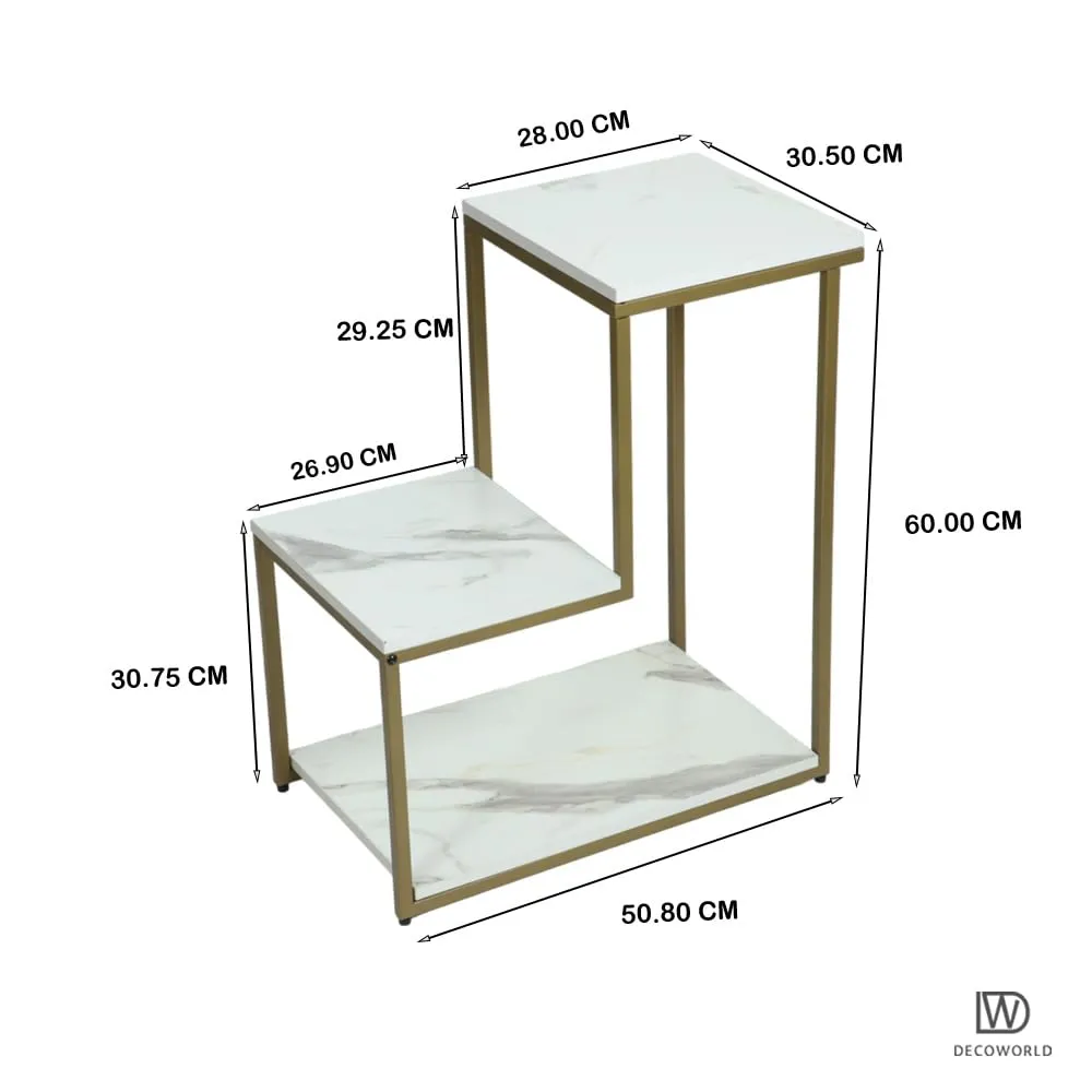 DECOWORLD|| Premium Metal 3 Tier Side Table || Metal Utility Table with Modern Marble Laminate Top || Side Table for Living Room, Sofa Side Table or Bed Side Stand (Gold Stand with White Top)