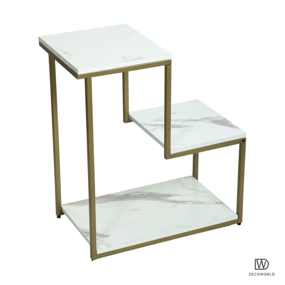 DECOWORLD|| Premium Metal 3 Tier Side Table || Metal Utility Table with Modern Marble Laminate Top || Side Table for Living Room, Sofa Side Table or Bed Side Stand (Gold Stand with White Top)