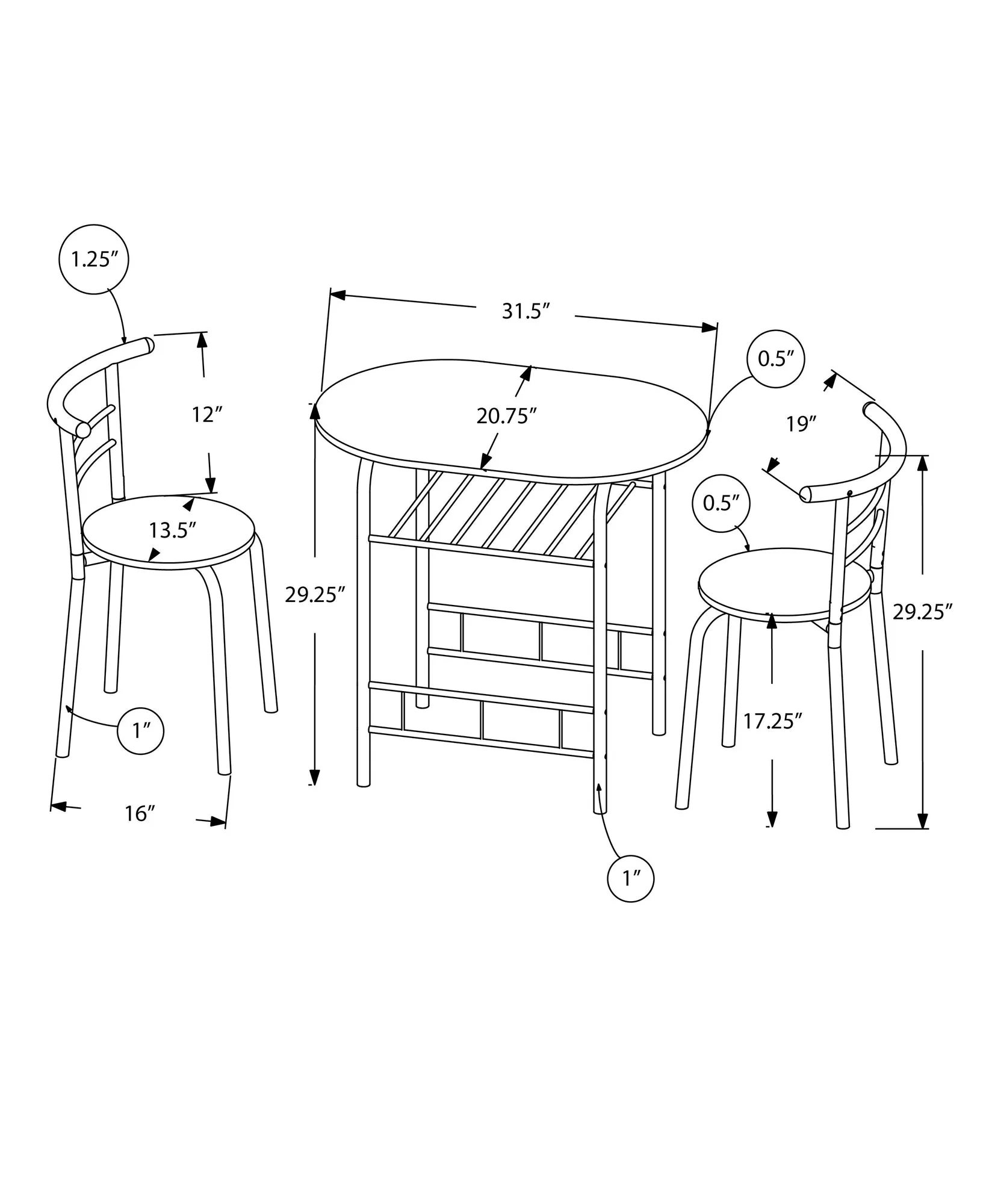 Dining Set - 3Pcs Set / Natural Top / White Metal