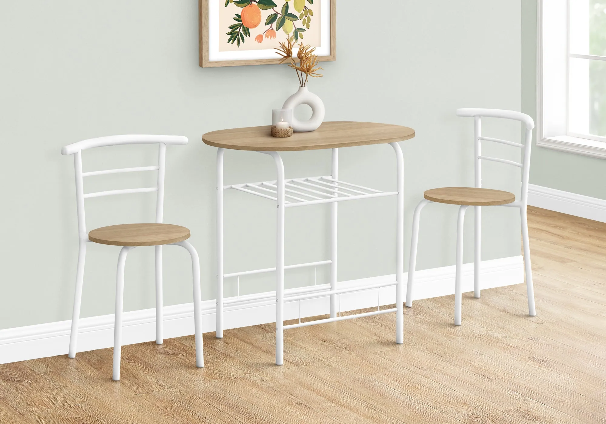 Dining Set - 3Pcs Set / Natural Top / White Metal