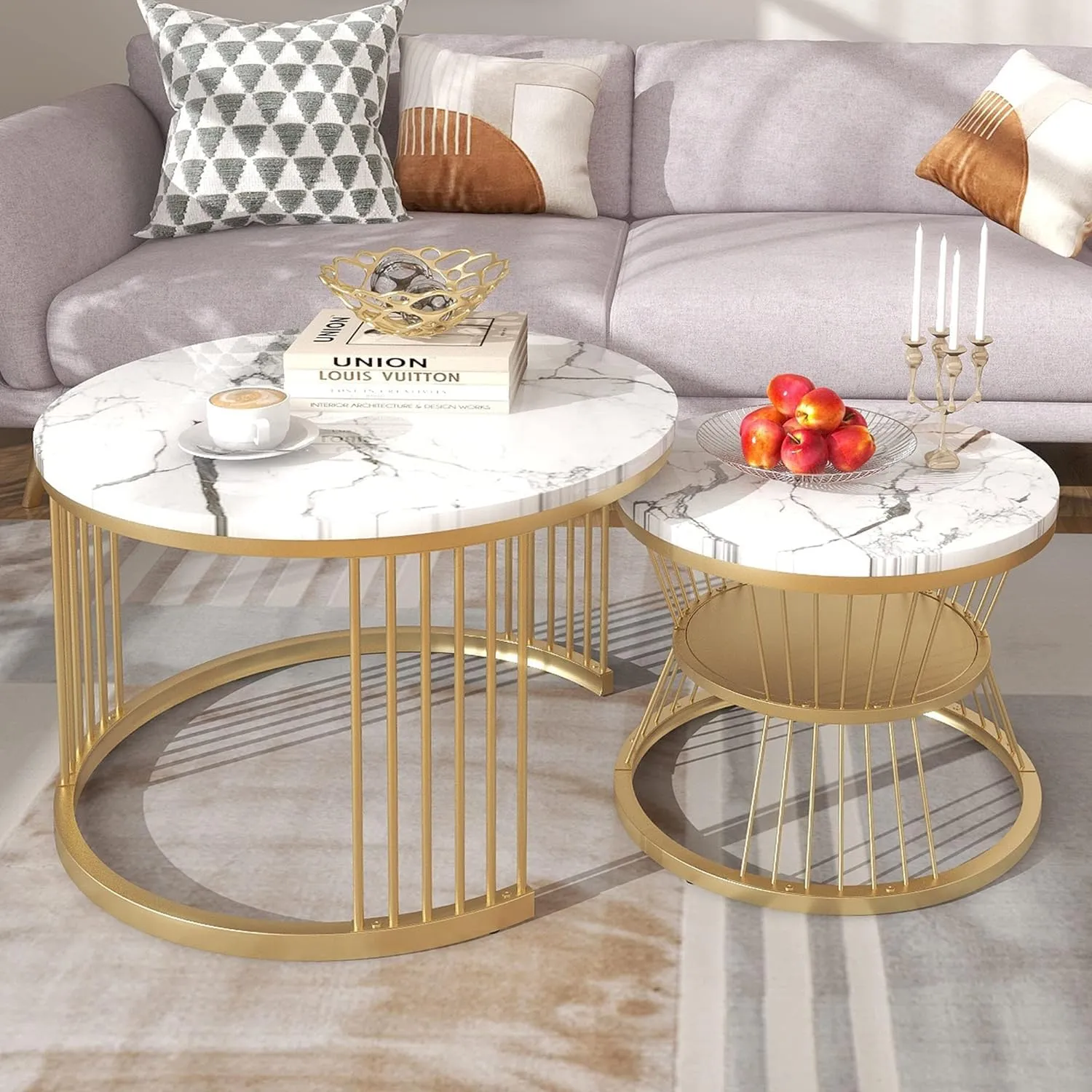 Dream Arts Iron Frame Marbled Laminated Round Coffee Table Set of 2 Stacking Center Tables for Living Room Bedroom or Apartments (Golden White)