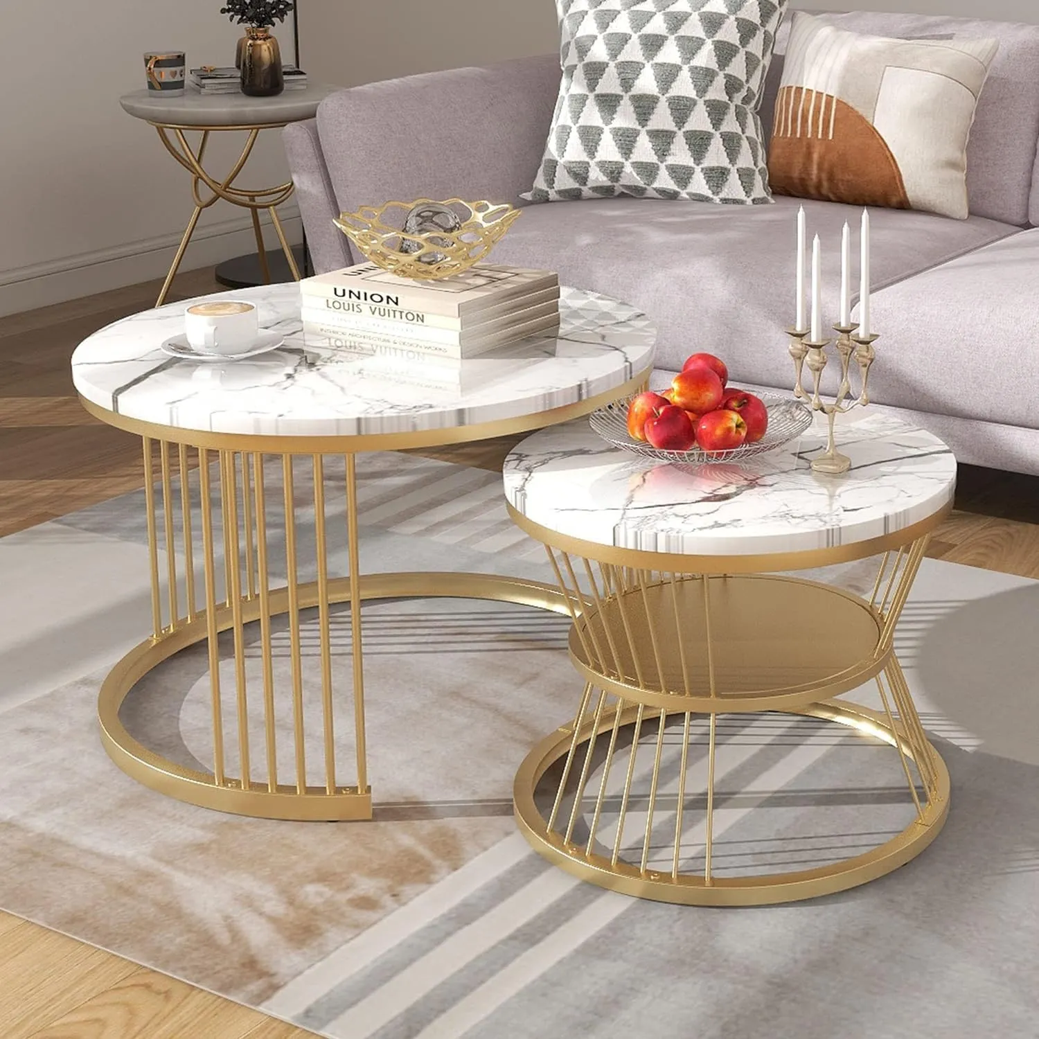 Dream Arts Iron Frame Marbled Laminated Round Coffee Table Set of 2 Stacking Center Tables for Living Room Bedroom or Apartments (Golden White)