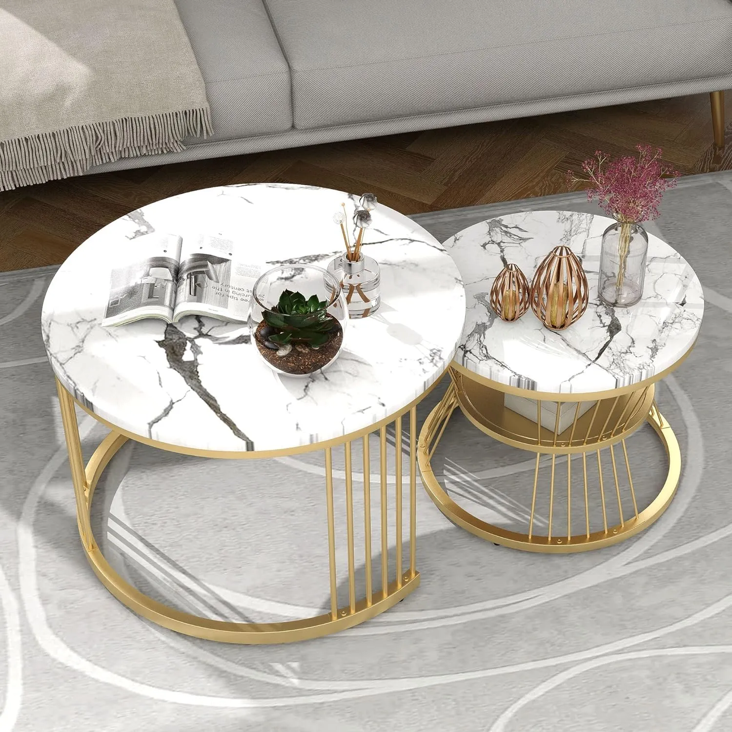 Dream Arts Iron Frame Marbled Laminated Round Coffee Table Set of 2 Stacking Center Tables for Living Room Bedroom or Apartments (Golden White)