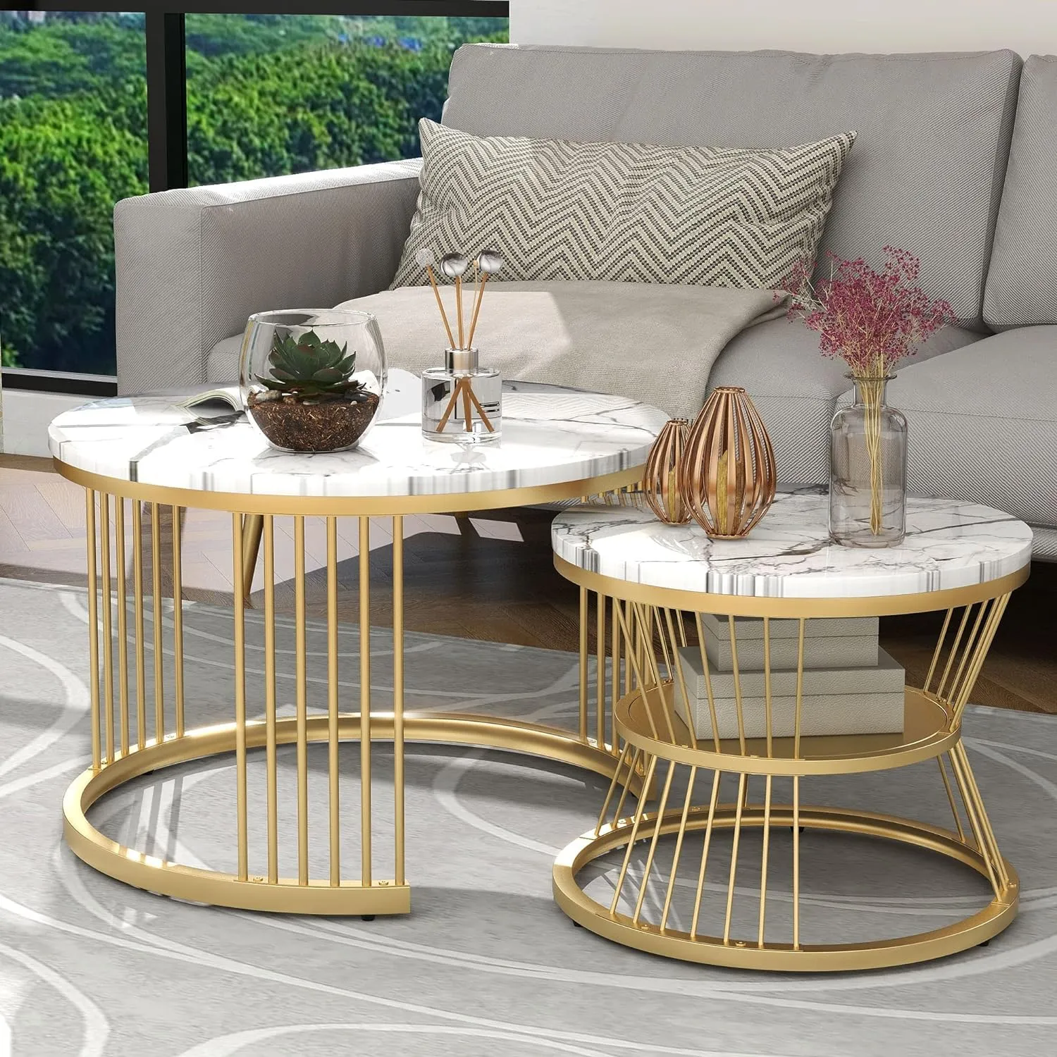 Dream Arts Iron Frame Marbled Laminated Round Coffee Table Set of 2 Stacking Center Tables for Living Room Bedroom or Apartments (Golden White)