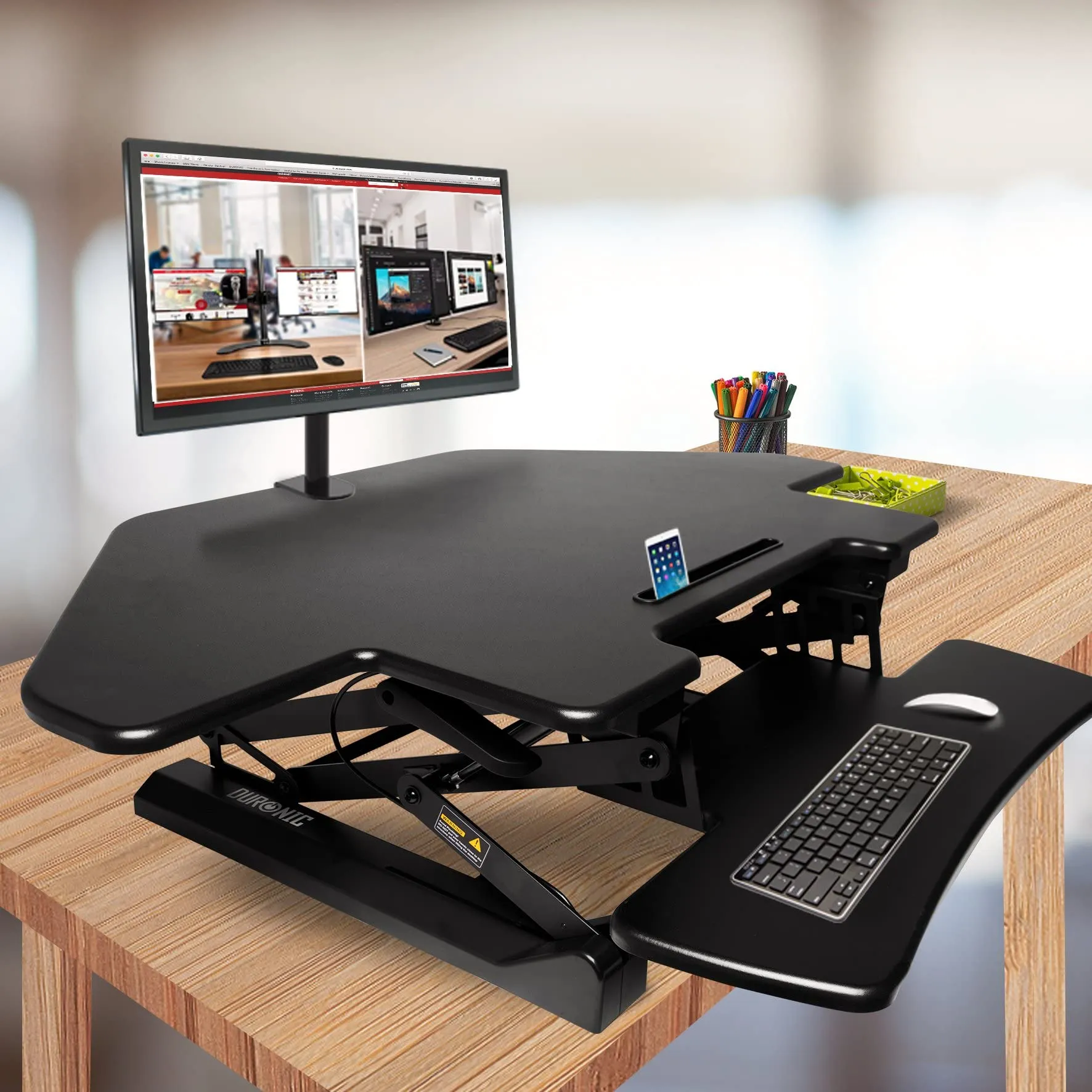 Duronic DM05D5 Corner Sit-Stand Desk | Height Adjustable | Office Workstation | 110x41cm Platform | Raises 15-50cm | Riser for PC Computer Screen, Keyboard, Laptop | Ergonomic Desktop Table Converter