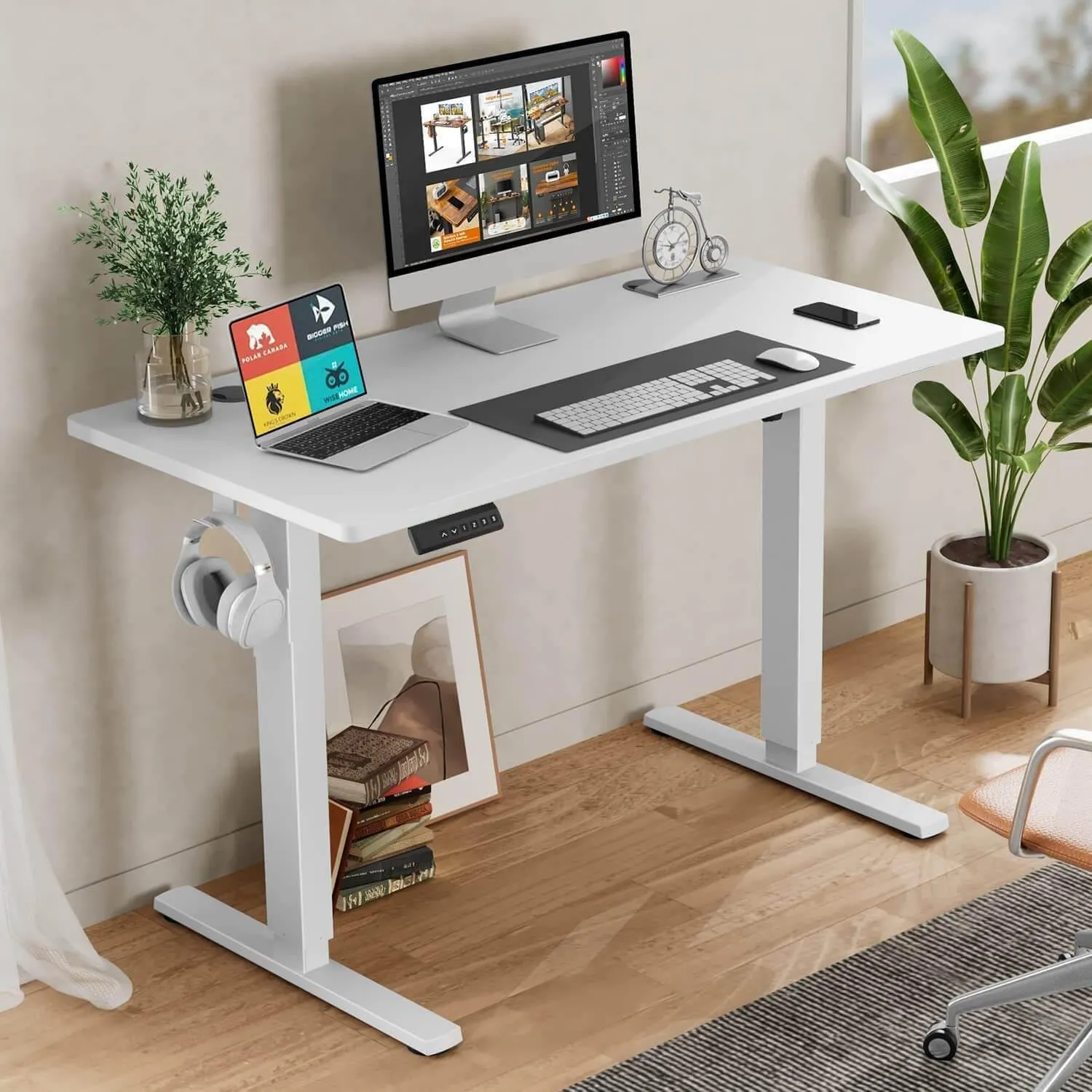 Electric Height Adjustable Standing Desk, 55"x24", Sit to Stand Ergonomic Computer Desk, White