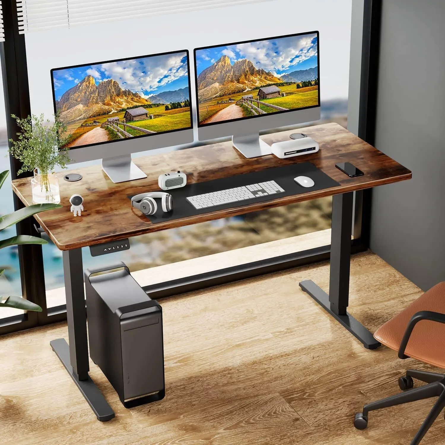 Electric Height Adjustable Standing Desk, Sit to Stand Ergonomic Computer Desk,Brown, 40'' x 24"