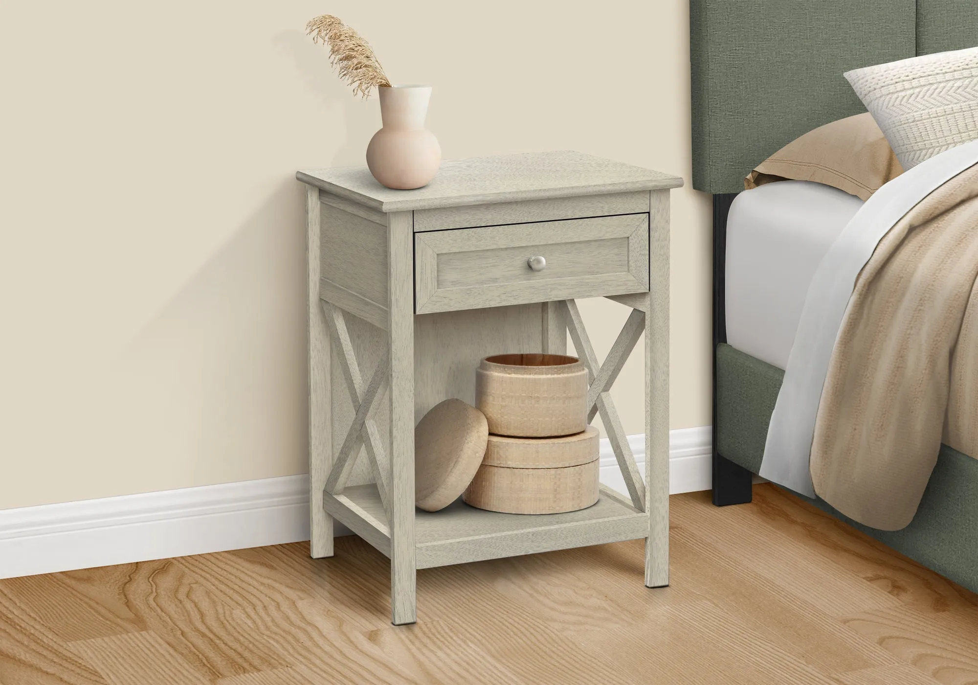 EleganceBlend Antique White 2-Tier Accent Table: Bedroom Nightstand with Storage Drawer