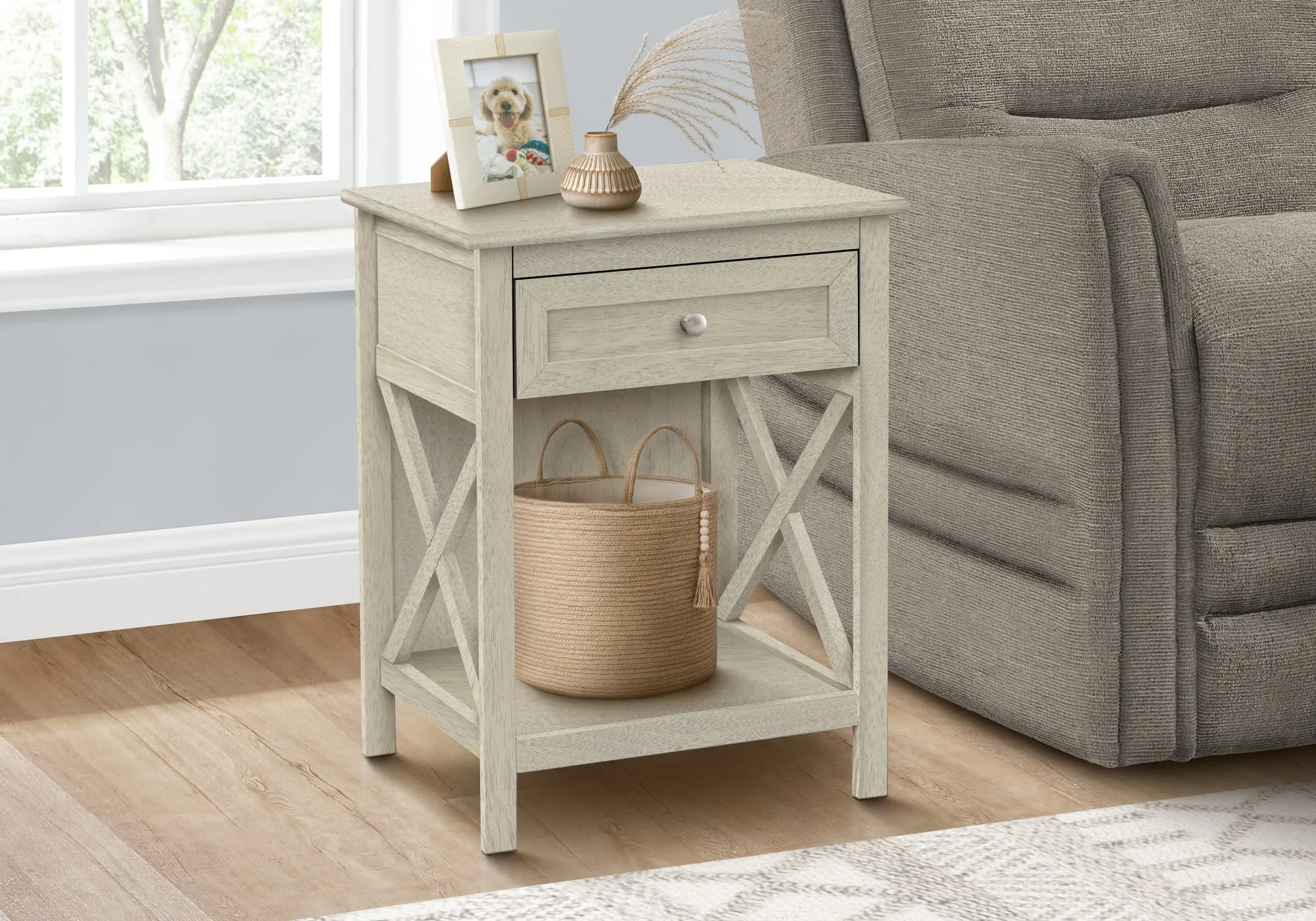 EleganceBlend Antique White 2-Tier Accent Table: Bedroom Nightstand with Storage Drawer