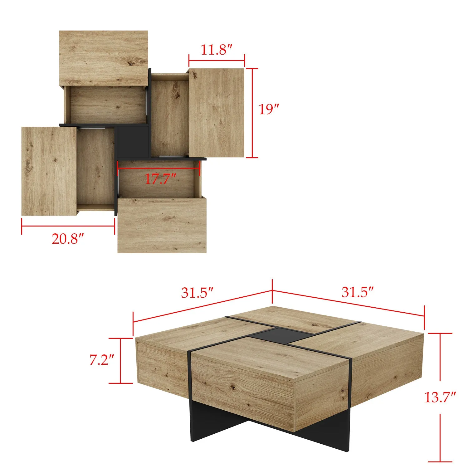 Extendable Coffee Table with 4 Storage Drawers Adjustable Coffee Table with Hidden Storage