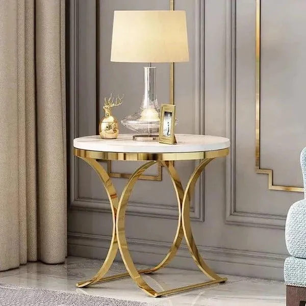 Golden Radiance Round Side Table with Marble Top