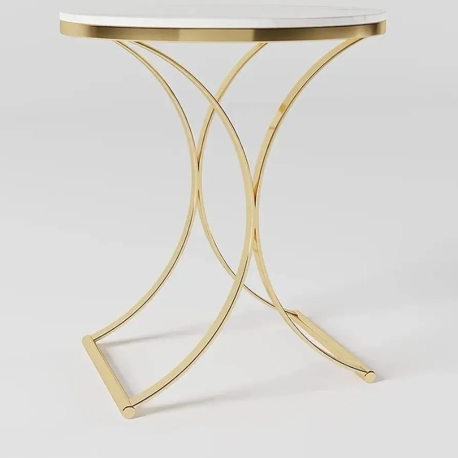 Golden Radiance Round Side Table with Marble Top