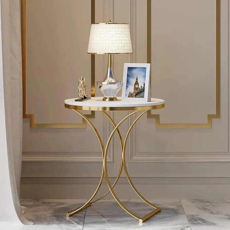 Golden Radiance Round Side Table with Marble Top