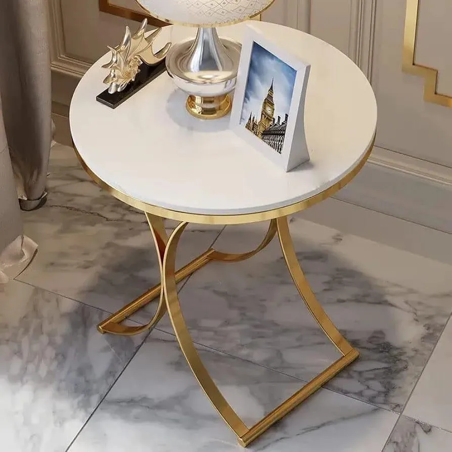 Golden Radiance Round Side Table with Marble Top