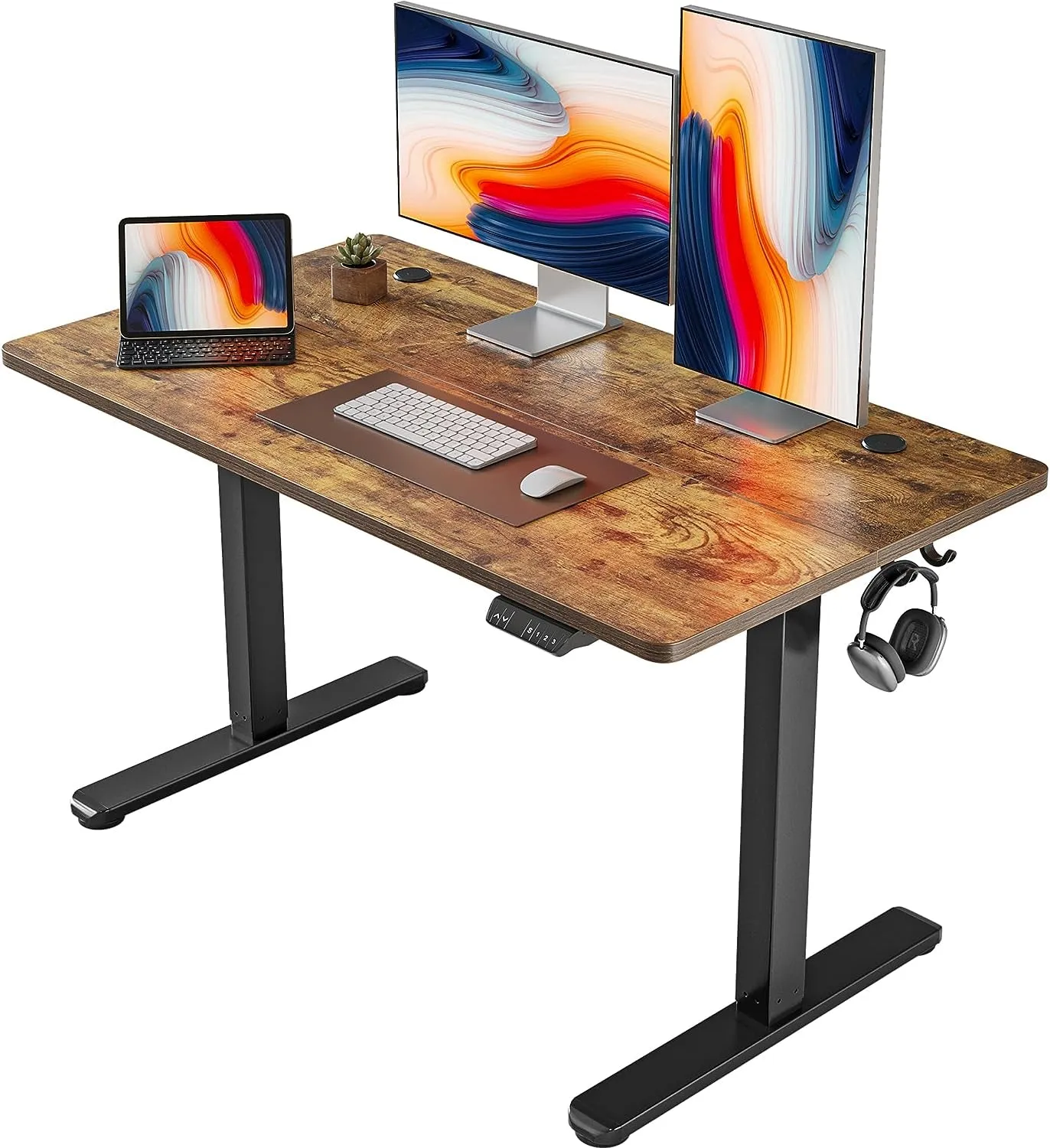 Height Adjustable Electric Standing Desk, 48 X 24 Inches Stand up Table, Sit Stand Home Office Desk with Splice Board, Black Frame/Rustic Brown Top