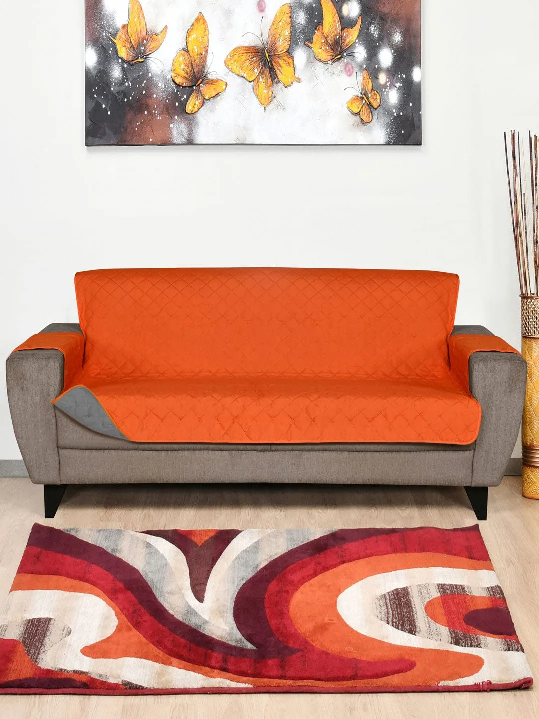 @home by Nilkamal Solid Polyester 3 Seater Sofa Cover | Reversible & Quilted Sofa Cover | Washable Couch Cover with Non Slip Foam| Set of 1-179 x 279 cm | Orange & Grey